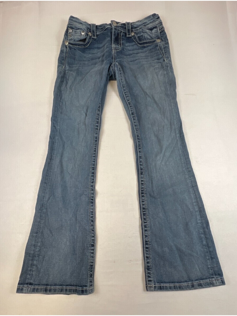 Miss Me Women 26x31 Embellished Flap Pocket Mid Rise Bootcut Jeans Blue Denim